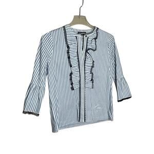 Karl Lagerfeld Paris Striped Ruffle Bell Sleeve Button-Up Shirt Blue Size M NEW